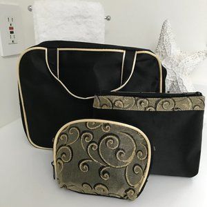 Black & Gold Swirl 3-Piece Cosmetic Bag Set NWOT Travel Makeup Organizer